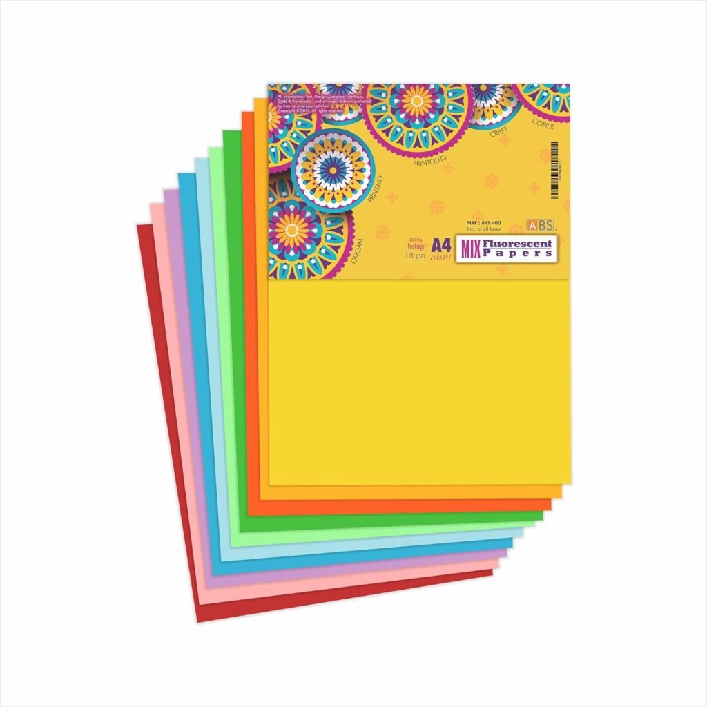 ABS Fluorecent paper assoted A4 -120 gsm pack of 100